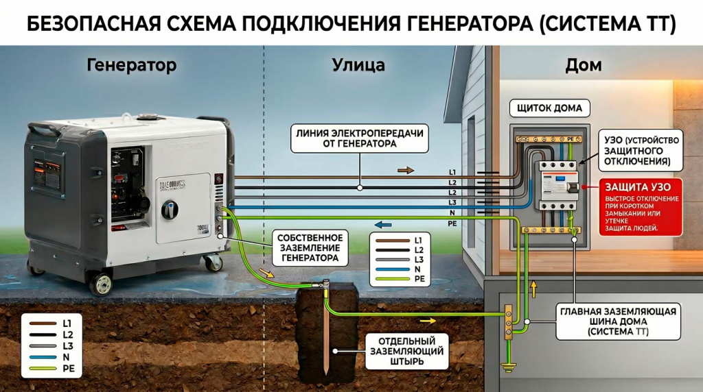Схема подключения генератора к дому по безопасной системе заземления